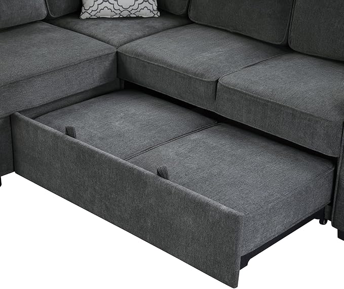 Ball & Cast Convertible Sleeper Sofa Bed,Chenille L Shaped Pull Out Couch Bed with Flip-Top Table, USB Ports & Hidden Cup Holders, Corner Sectional Sofa Couches for Living Room,Dark Grey