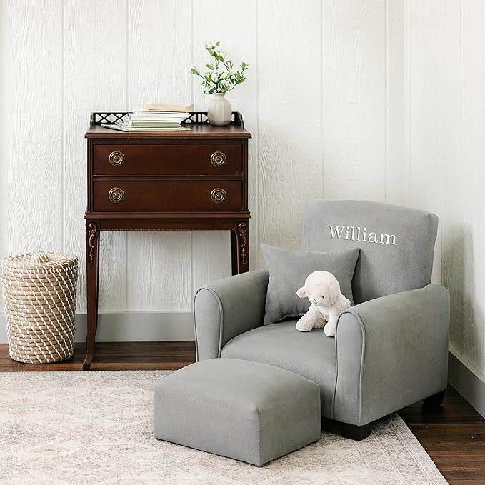 Toddler Personalized Armchair, Kids Upholstered Rocking Chair with Personalization, Toddler Chair with Personalized Name, Comfy Child Armchair, (Grey Suede, Legs)