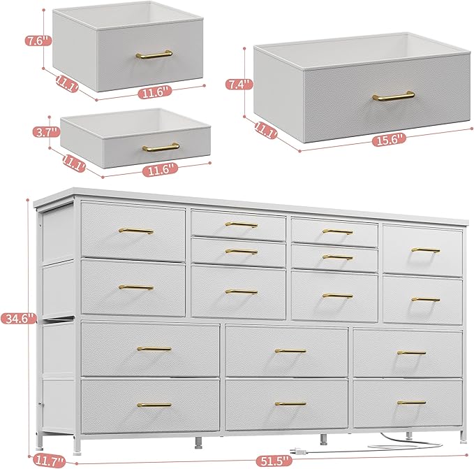 EnHomee Dressser for Bedroom Dresser with 16 Drawers TV Stand for Bedroom for 60" TV Long Dressers & Chests of Drawers Large Dresser with Charging Station, 51.5" W*11.7" D*34.6" H, White