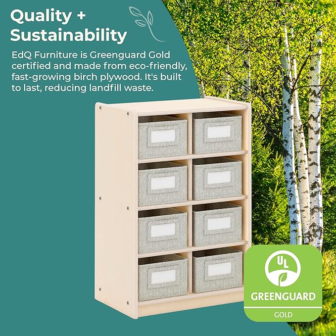 Guidecraft EdQ Cubby Toy Storage Organizer w/ 8 Fabric Bins 30"- Natural: Kids' Wood Bookshelf & Toy Organizer for Kids Playroom | Teacher School Supply Furniture for Classrooms and Home Organization