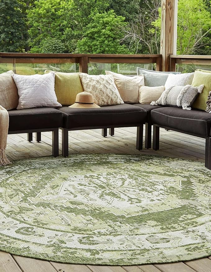Unique Loom Outdoor Traditional Collection Area Rug - Valeria (3' 3" Round, Green/ Light Green)