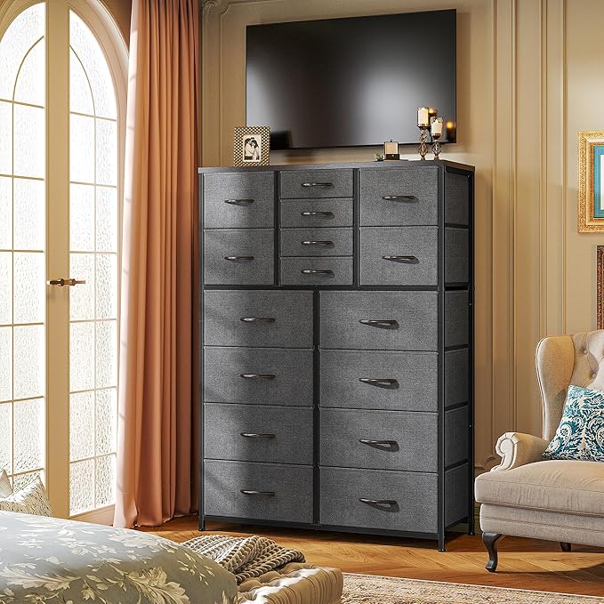 57“H Tall Dresser for Bedroom with 16 Drawers,Fabric Dressers & Chests of Drawers for Bedroom,Large Dresser for Closet,Sturdy Metal Frame & Wood Top,Entryway, Hallway(Grey)