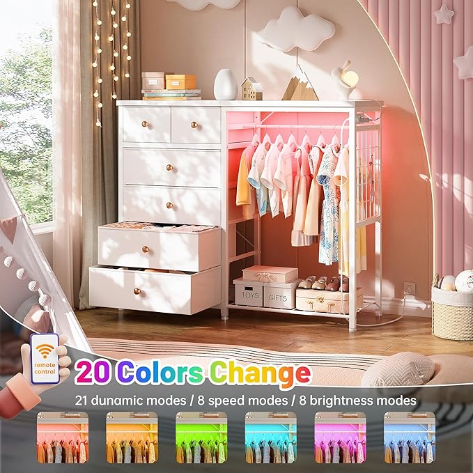 EnHomee 49.2" W White Dresser for Bedroom with Hanging Rack, 6 Drawers Dresser with LED Lights & Charging Station, Fabric Dressers & Chest of Drawers with Clothes Rack, Wooden Top, Grid Panel, Closet