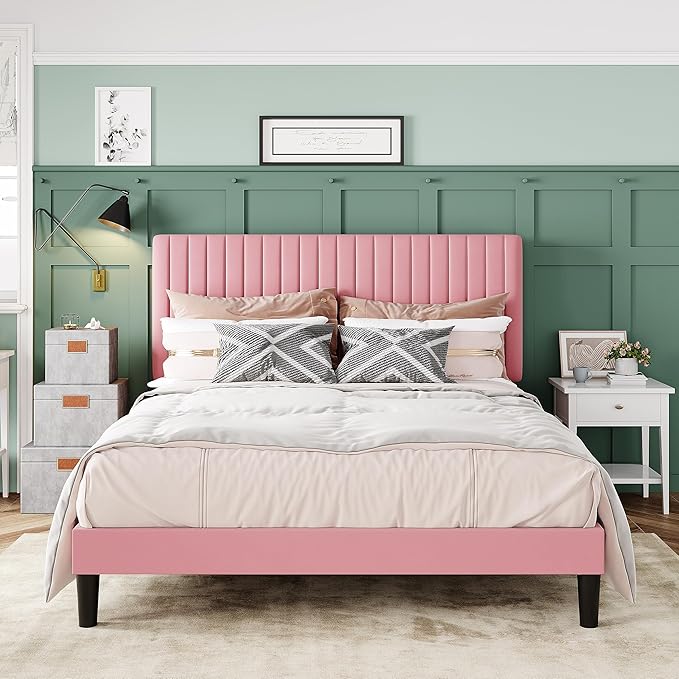 Allewie Full Bed Frame, Velvet Upholstered Platform Bed with Adjustable Vertical Channel Tufted Headboard, Mattress Foundation with Strong Wooden Slats, Box Spring Optional, Easy Assembly, Pink