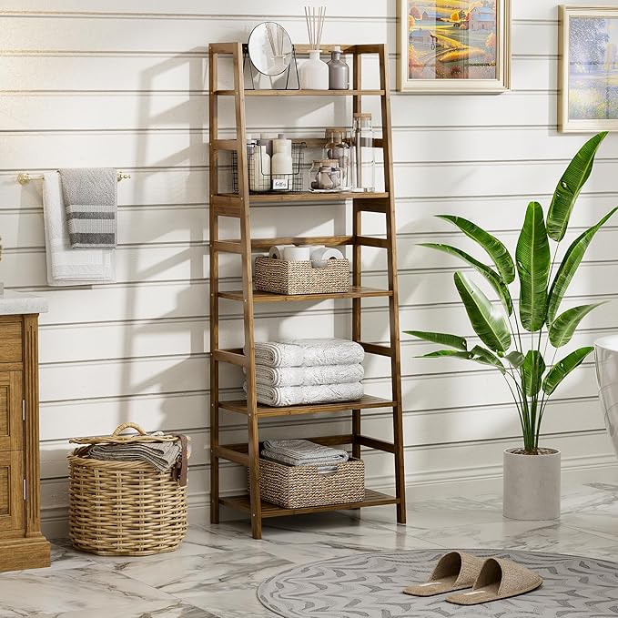 Ladder Shelf, 5-Tier Bookshelf, All Bamboo Heavy Duty Bookcase, Freestanding Open Wood Storage Rack, Modern Corner Display Plant Stand for Living Room, Home Office, Bathroom, Bedroom, Walnut