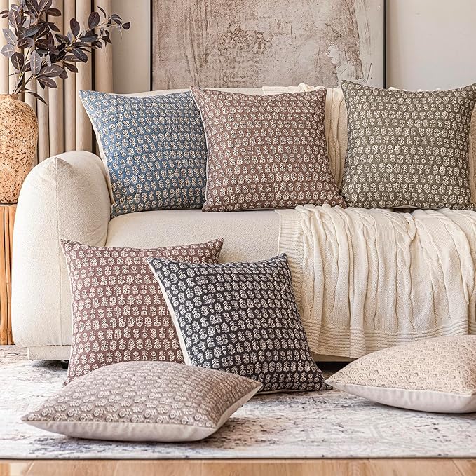 Foindtower Set of 2 Decorative Vintage Floral Print Throw Pillow Covers Neutral Modern Farmhouse Cushion Covers Boho Home Decor for Sofa Chair Couch Bedroom Living Room Outdoor,18×18 Inch,Tan Taupe