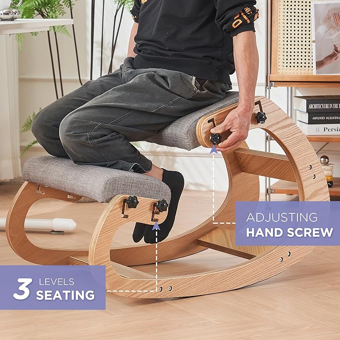 Ergonomic Kneeling Chair,Adjustable Rocking Knee Chair for Home Office,Wooden Office Chair for Back Pain Relief,Grey
