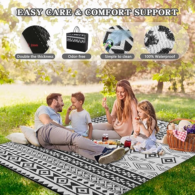 Wallona Outdoor Rugs 9x12 ft Patio Waterproof Clearance Indoor Outdoor Large Carpet for Patio Plastic Straw Reversible Area Rugs Mat for RV, Camping, Balcony, Beach, Picnic, Porch, Boho Black & White