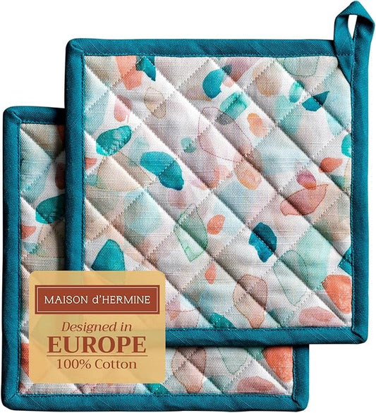 Maison d' Hermine Pot Holders Set 100% Cotton Heat Resistant Potholders 8" x 8" Hot Pads with Loop BBQ, Cooking, Baking, Grilling, Kitchen, Handling Hot Pans Spring/Summer (Pack of 2, Summer Picnic)