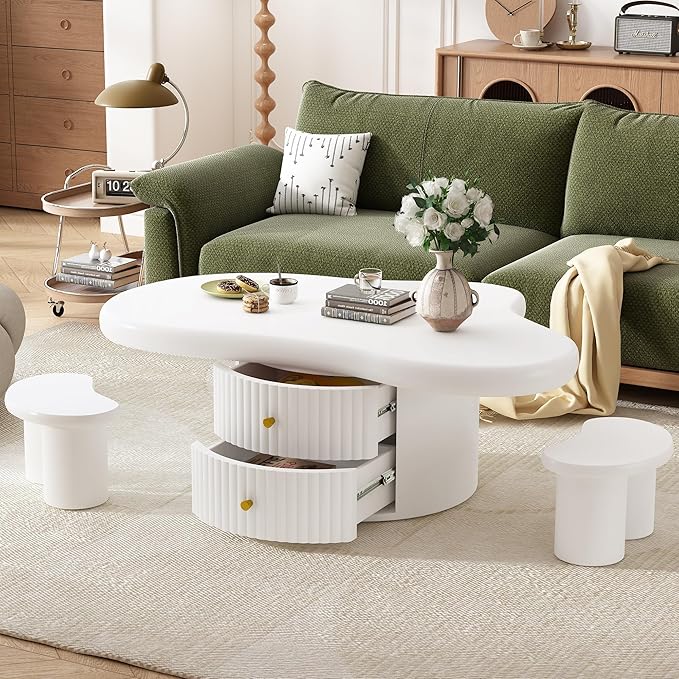 WILLIAMSPACE 38.2" Cloud Coffee Table Set of 3, Modern Irregular Shape Coffee Table with 2 Drawers & 2 Small Stools, Storage Center Table Accent Side End Table for Living Room Apartment, White