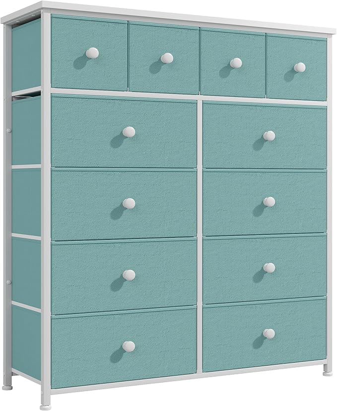 Dresser for Bedroom with 12 Drawers Tall Dressers for Bedroom Fabric Dressers & Chest of Drawers with Sturdy Metal Frame, Wood Top, for Woman, Closet, 40.6" W x 11.8" D x 44.5" H (Turquoise)