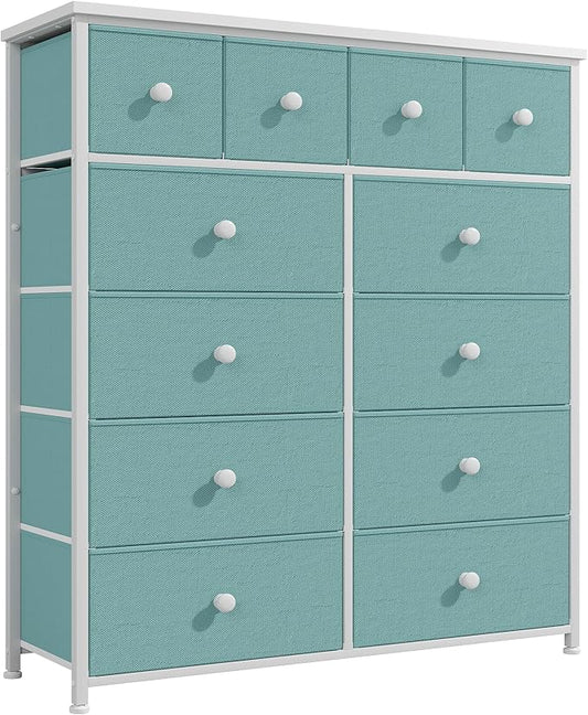 Dresser for Bedroom with 12 Drawers Tall Dressers for Bedroom Fabric Dressers & Chest of Drawers with Sturdy Metal Frame, Wood Top, for Woman, Closet, 40.6" W x 11.8" D x 44.5" H (Turquoise)