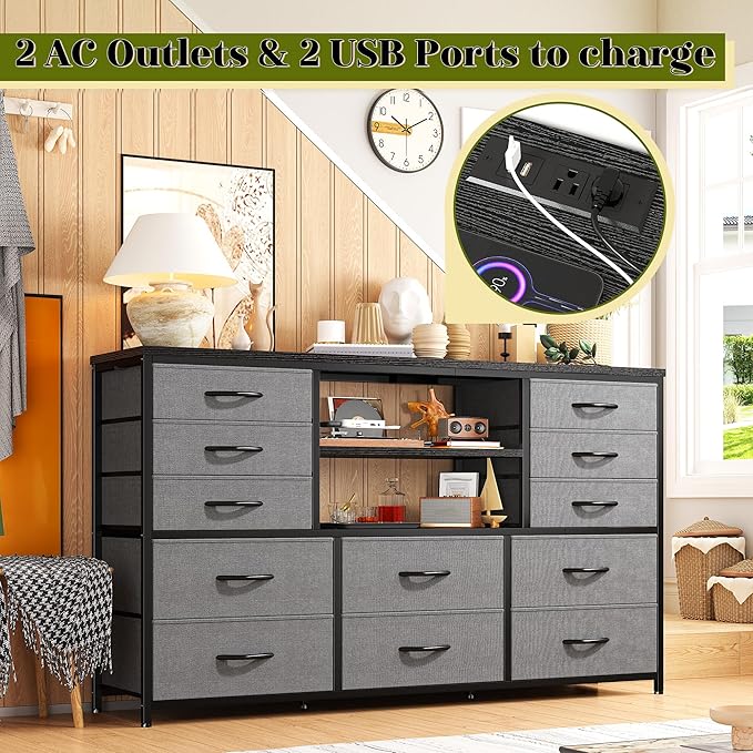 Dresser for Bedroom with LED Lights & Power Outlets 12 Drawers Dresser TV Stand for 60''TV Fabric Dressers & Chest of Drawers, Sturdy Metal Frame, Closet, Living Room, Grey, 49.2''W*11.8''D*35.4''H