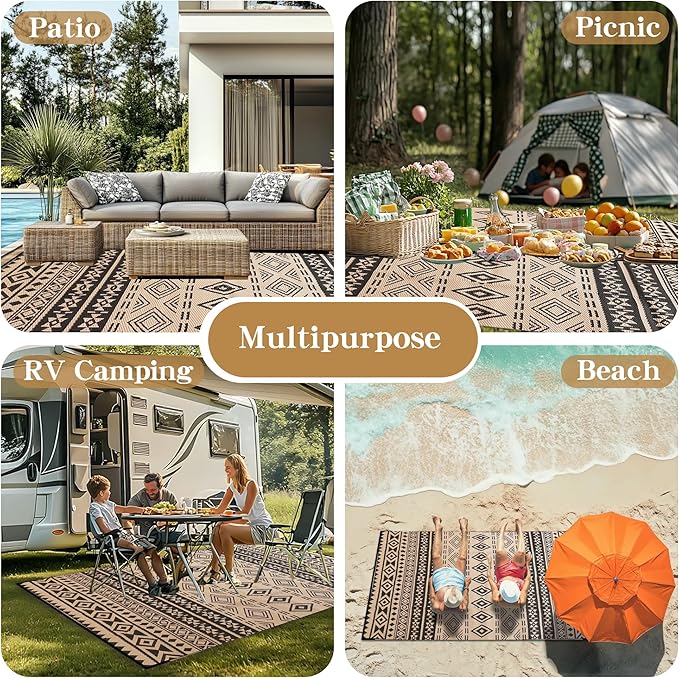Wallona Outdoor Rugs 5x8 ft Patio Waterproof Clearance Indoor Outdoor Carpet for Patio Plastic Straw Reversible Area Rugs Mat for RV, Camping, Balcony, Beach, Picnic, Porch, Boho Black & Beige