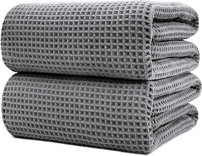 POLYTE Microfiber Quick Dry Lint Free Bath Sheet, 70 x 35 in, Set of 2 (Gray, Waffle Weave)