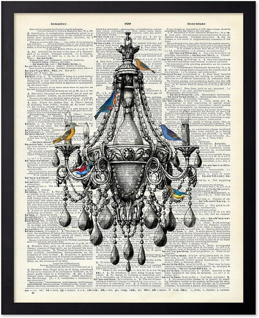 Poster Master Dictionary Art Poster - Antique Chandelier Print - Bird Art - Baroque Art - Gift for Men & Women - Chic Decor for Living Room, Dining Room, Bedroom or Kitchen, 8x10 Black Framed