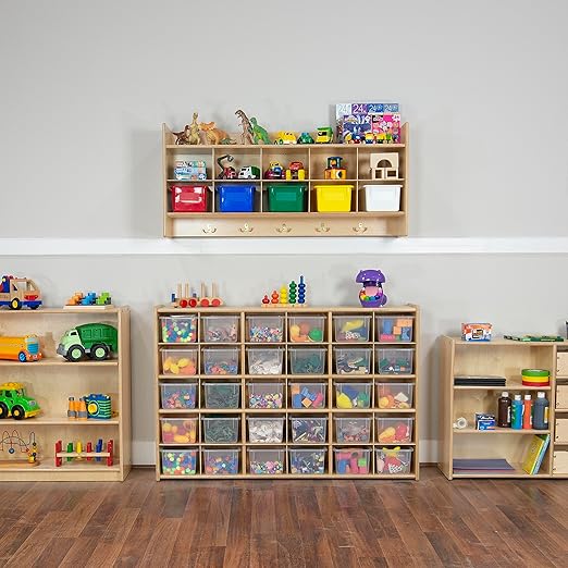 Contender Cubby Storage Organizer Cubes, 30 Cubbies with Clear Plastic Bins, Wood Furniture for Kids Toys, Daycare, Classroom, 47-inch Width