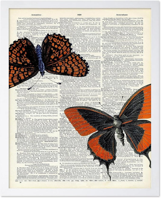 Poster Master Dictionary Art Poster - Butterflies Print - Moth Art - Butterfly Art - Insect Art - Gift for Men, Women & Animal Lover - Chic Decor for Living Room or Bedroom, 8x10 White Framed