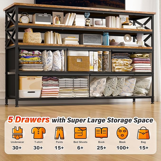 Black Dresser TV Stand for 50" TV, Sturdy Dresser for Bedroom with 3 Wood Open Shelves and 5 Fabric Drawers, Chest of Drawers Storage Dressers for Entryway, Closet, 11.8" D x 39.4" W x 38.4" H