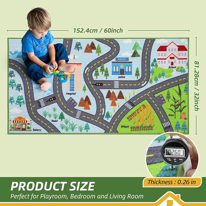 BEQHAUSE Kids Rug City Life, 32”x60” Educational Road Traffic Kids Rug, Non Slip Washable Play Mat Carpets for Children's Bedroom Playroom Nursery Room Decor