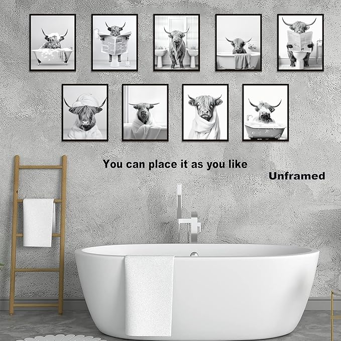 SEHSUVC Funny Bathroom Cow Posters Wall Art Set of 9, Black and White Highland Cow Canvas Wall Decor Painting, Humor Animals Pictures Prints for Bedroom Bathroom Childrenroom 8x10In Unframed