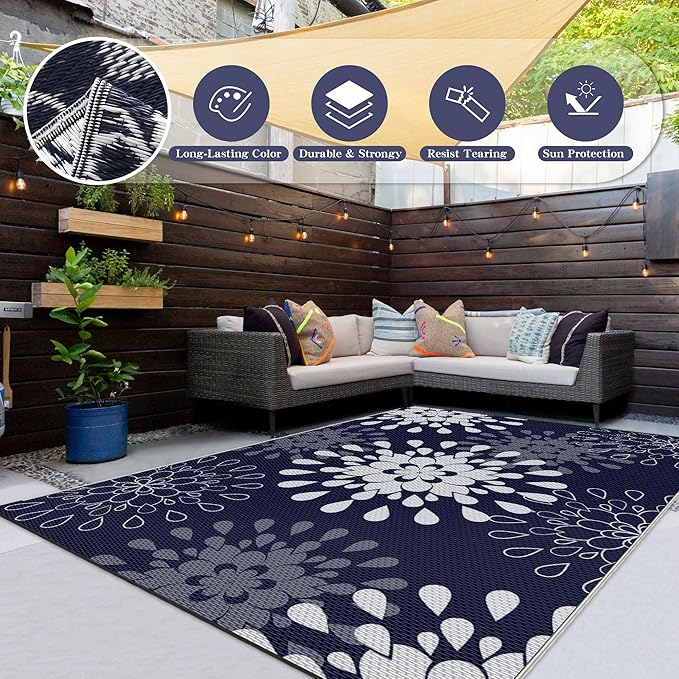 Wallona Outdoor Rugs 8x10 ft Patio Waterproof Clearance Indoor Outdoor Large Carpet for Patio Plastic Straw Reversible Area Rugs Mat for RV, Camping, Balcony, Beach, Picnic, Porch, Flower Blue & White