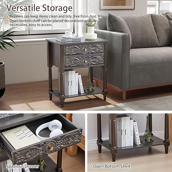 Nightstand, Farmhouse Bedside Table with 2 Drawers and Open Shelf, Wood Sofa Side Table End Table Accent Dresser for Bedroom, Living Room (with Shelf, Grey)