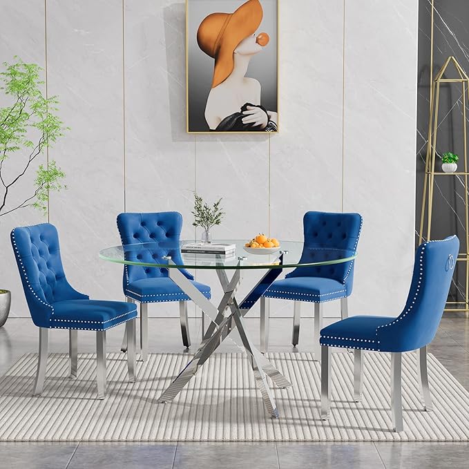 Goujxcy Round Dining Table Set for 4, Modern Glass Kitchen Table and Chairs Set of 4, 5-Piece Dining Room Table Set w/47 Circle Silver Glass Dining Table and 4 Upholstered Velvet Chairs