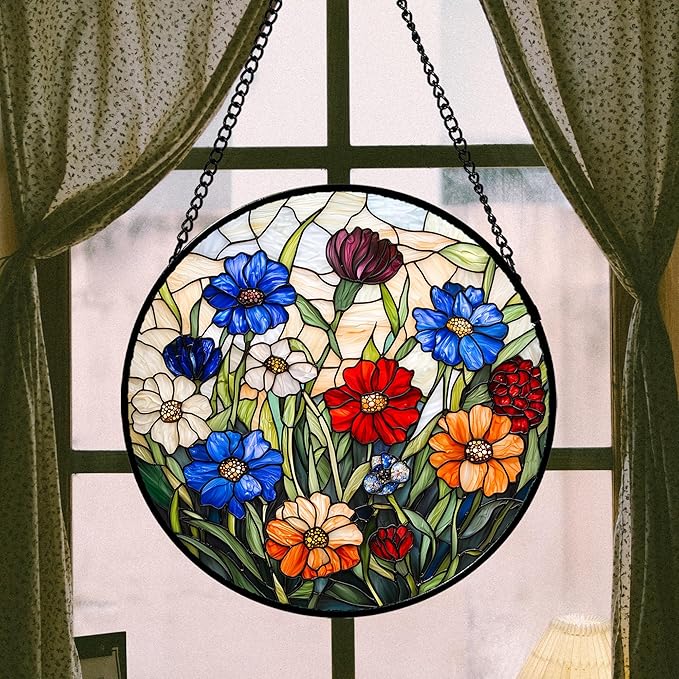 Stained Glass Suncatcher, Colorful Flowers Green Leaf Sun Catcher Landscape Stain Glass Window Hanging Decoration Mother's Day Birthday Gifts for Women Men Mom Nana 15 in