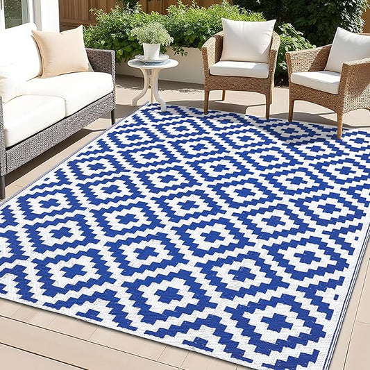 OLANLY Waterproof Outdoor Rug 4x6 ft, Outdoor Plastic Straw Rug for Camping, RV Mat Outside, Outdoor Carpet for Porch, Deck, Backyard, Balcony, Picnic, Blue & White