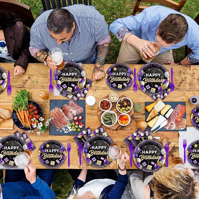 Wiooffen 96 Pcs Purple Birthday Party Plates Napkins Tableware Set Purple and Black Happy Birthday Party Supplies Disposable Dinnerware Women Girl Birthday Decoration Favors for Table, 24 Guests