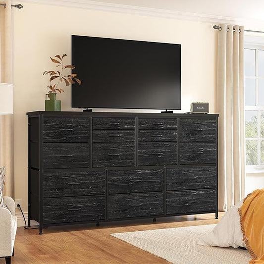 EnHomee Dressser for Bedroom Dresser with 16 Drawers TV Stand for Bedroom for 60" TV Long Dressers & Chests of Drawers Large Dresser with Charging Station, 51.5" W*11.7" D*34.6" H, Charcoal Black
