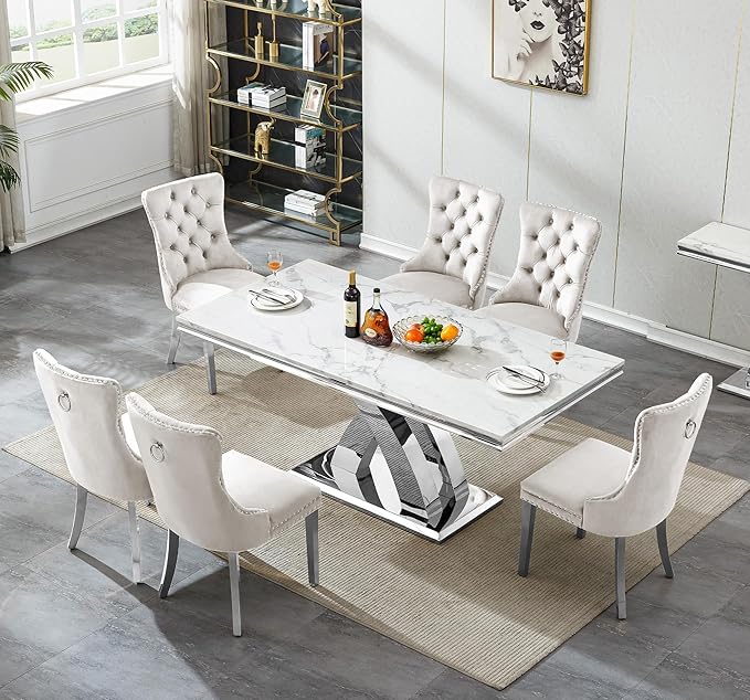 Goujxcy 7-Piece Dining Table Set Modern Faux Marble Dining Table Set for 6, Luxury 68" Long Faux Marble Kitchen Table with 6 Velvet Upholstered Chairs & Mirrored Stainless Steel Base