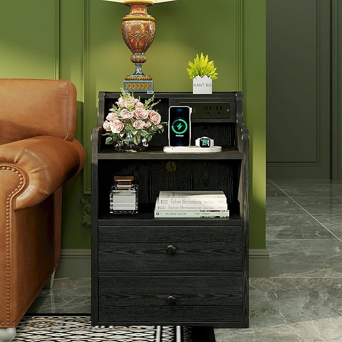 LIKIMIO Black Nightstand with LED Charging Station 2 Drawers and Storage Shelves, Left and Right Interchangeable Sockets Bed Side Table Night Stand with Drawer