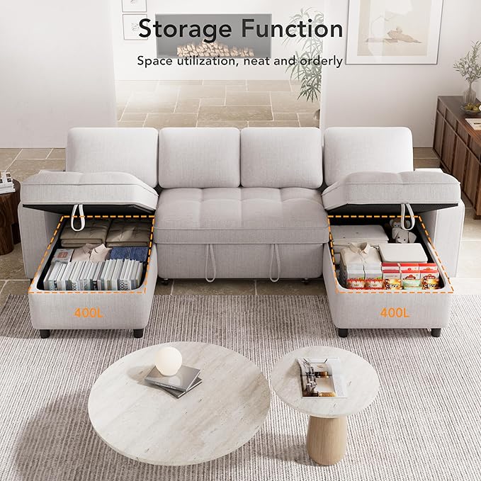 Vipbear Sleeper Sectional Sofa, 105" U Shaped Couch with Pull Out Bed, Convertible Chenille Cloud Sofa with Reclining Backrest | Double Storage Chaise | USB Ports | Tool-Free Assembly | Beige