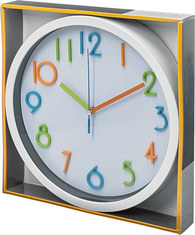 Bernhard Products Colorful Kids Wall Clock 10 Inch Silent Non Ticking Quality Quartz Battery Operated Wall Clocks, Easy to Read 3D Multi Colored Numbers Nursery Classroom Office Kitchen White Frame