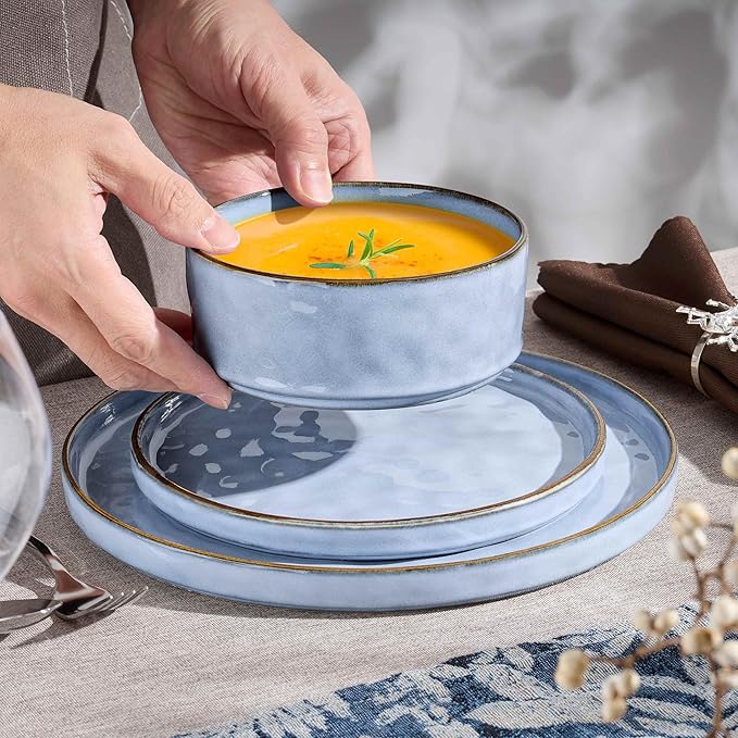 Herogo 12 Pieces Dinnerware Sets for 4, Ceramic Serving Dishes Sets, Stoneware Plates and Bowls for Kitchen Dinning, Dishwasher & Microwave Safe, Haze Blue