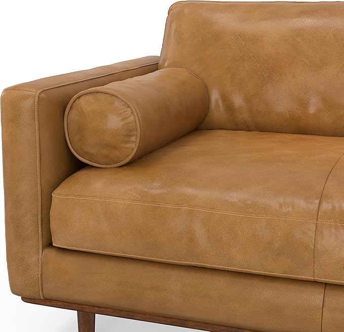SIMPLIHOME Morrison 72-inch Wide Sofa in Sienna Top Grain Genuine Leather, Mid-Century Modern-Style Loveseat for Living Room, Single Bench Cushion, Removable Back Cushions, 2 Bolster Pillows