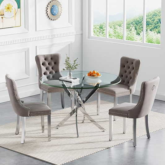 Goujxcy 5 Piece Round Glass Dining Table Set for 4, 36" Round Dining Table & Chair Set Modern Circle Glass Kitchen Table and 4 Velvet Upholstered Chairs for Kitchen Dining (Silver Table & Grey Chair)