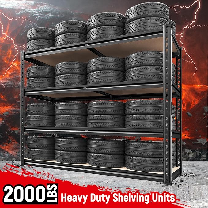 REIBII 40" W Garage Shelving 2000LBS Storage Shelves Adjustable Metal Shelving Heavy Duty 4 Tier Garage Shelves 60" H Metal Shelves for Closet Pantry Kitchen Warehouse 40" W × 20''D × 60''H