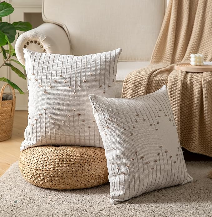 Boho Throw Pillow Covers 22x22 Set of 2 Decorative Pillows for Bed, Neutral Pillow Covers Beige with Tan Line Throw Pillows for Modern Farmhouse Couch Sofa Living Room Outdoor
