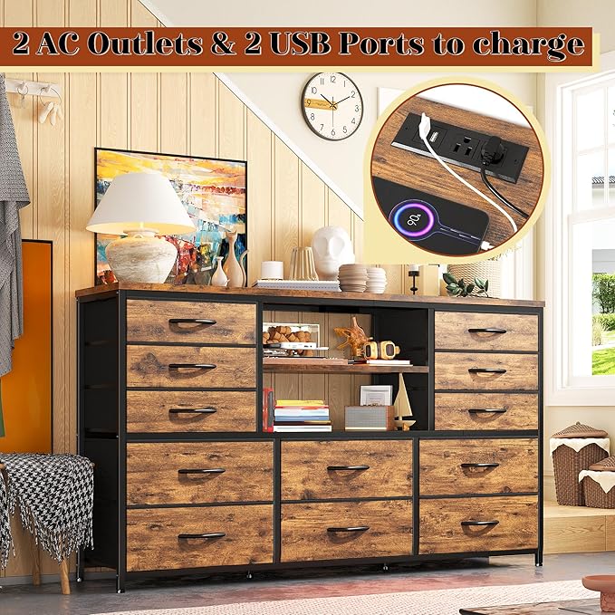 Dresser with LED Lights & Power Outlets, 12 Drawers Dresser TV Stand for 60''TV for Bedroom Fabric Dressers & Chest of Drawers, Sturdy Metal Frame for Closet, Living Room,Hallway, Rustic Brown