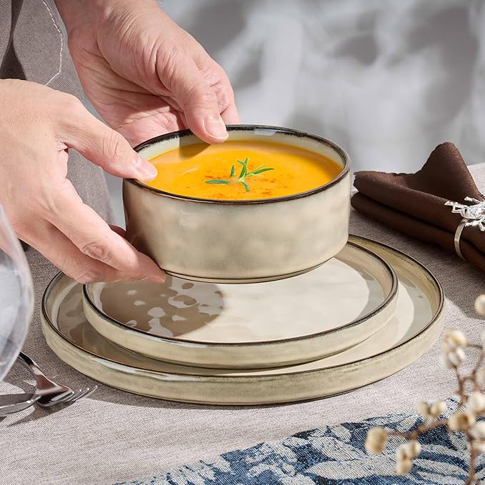 Herogo Dinnerware Dishes Sets for 4, 12 Pieces Ceramic Plates and Bowls Sets, Kitchen Dinning Dishes, Dishwasher & Microwave Safe, Cream Khaki