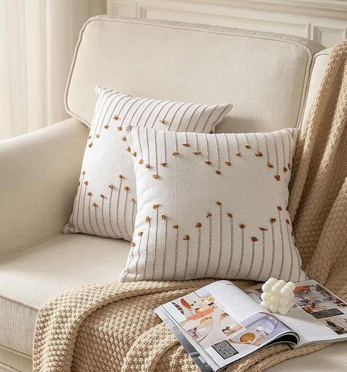 Caflife Boho Throw Pillow Covers 24x24 Set of 2 Decorative Pillows for Bed, Neutral Pillow Covers Beige with Brown Line Throw Pillows for Modern Farmhouse Couch Sofa Living Room Outdoor