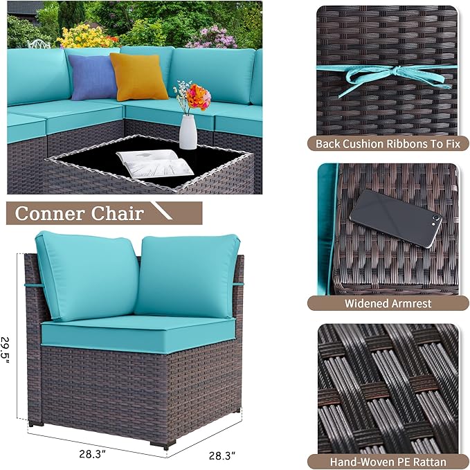 Kurapika 7 Pieces Patio Furniture Set, Rattan Outdoor Conversation Sets w/43in Propane Fire Pit Table and 4 Inch Cushion(Blue)