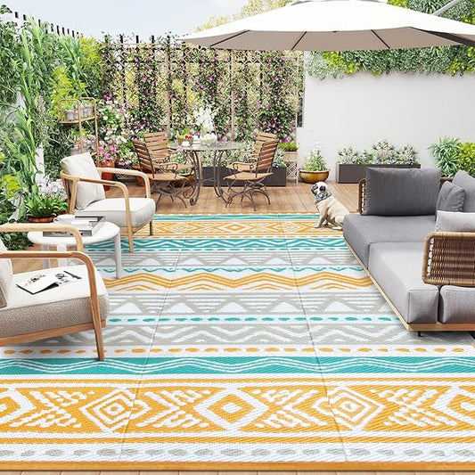 Lahome Waterproof Outdoor Rug 9x12, Reversible Outdoor Plastic Straw Rug for Patio, RV Camping Rugs Picnic Mat Outside, Large Outdoor Carpet for Beach Deck Backyard(Blue/Yellow,9'x 12')