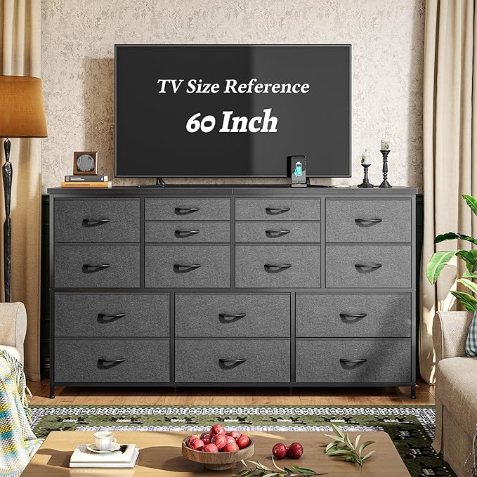 Dresser for Bedroom with 16 Fabric Drawers Long Dresser with Charging Station TV Stand for 60" TV Dressers & Chest of Drawers for Bedroom, Living Room, Closet, Grey