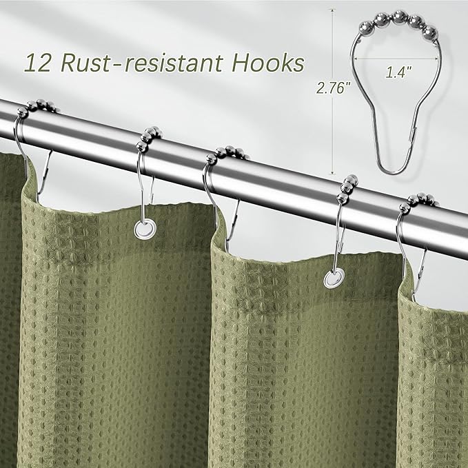 Khaki Shower Curtain 256GSM Heavy Duty Waffle Woven Bathroom Shower Curtains, Weighted Fabric Shower Curtains for Hotel Spa Luxury Polyester Bath Curtain with 12 Hooks, 72Wx72H