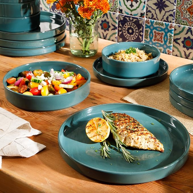 Bloomhouse Santorini Mist Double Bowl Terracotta Reactive Glaze Plates and Bowls Dinnerware Set - Jade Blue Green, Service for Four (16pcs)