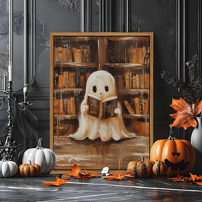Vintage Framed Ghost Reading Books Canvas Wall Art for Home Office - Halloween Academia Cute Ghost Picture Paintings Prints, Halloween Room Aesthetic Decor for Living Room Bedroom 12x16 inch